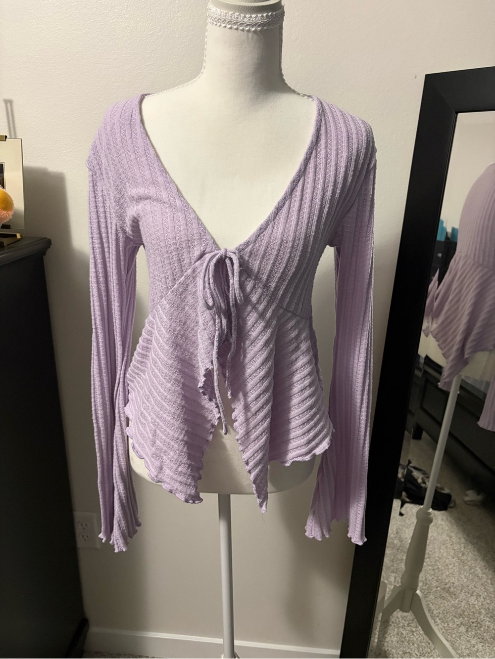 Urban Outfitters Lilac Ribbed Tie-Front Long Sleeve Top